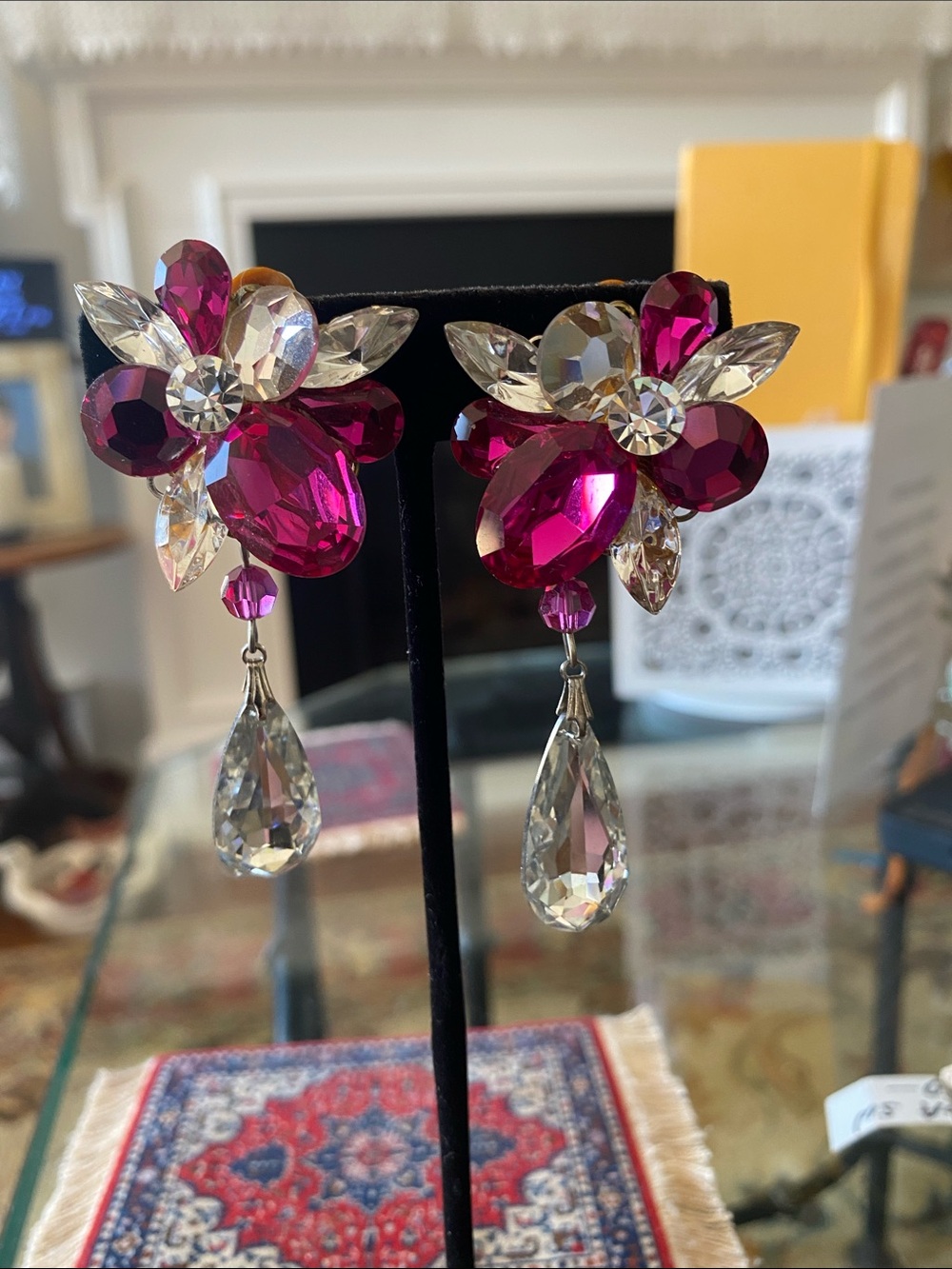 Fuchsia Crystal Drop Floral Statement Earrings